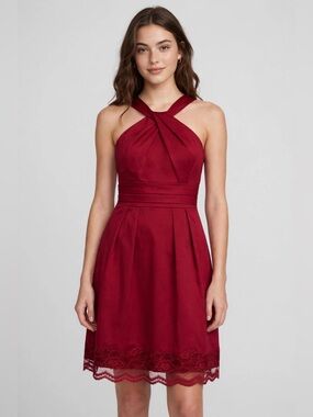David's Bridal Autumn Wedding Guest Dress Size 6 Red Halter homecoming